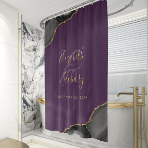 Rideaux De Douche Mariage Élégant Agate Noir Or Violet