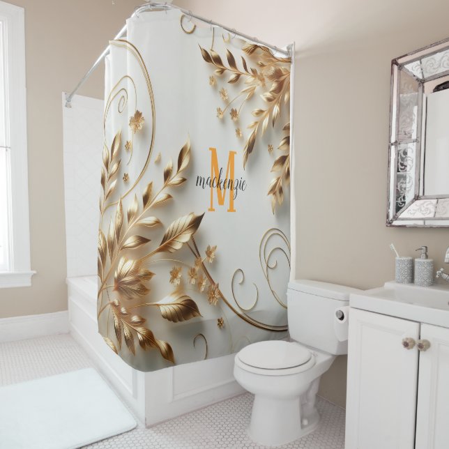 Rideaux De Douche Mariage Moderne Écriture Monogramme Orange Brillan (En situation)