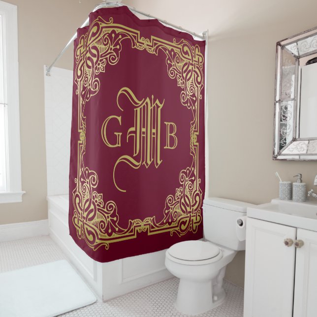 Rideaux De Douche Mariage Monogram Classic Gold Frame Bourgogne (En situation)