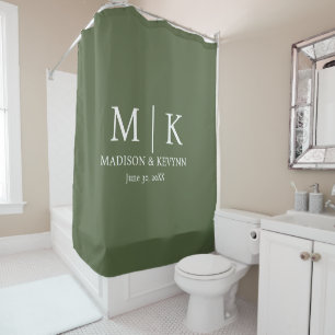 Rideaux De Douche Mariage Monogramme Minimaliste & Vert & Blanc