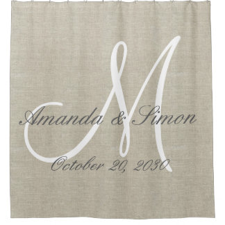 Rideaux De Douche Mariage Rustic Linen Look et White Monogramme
