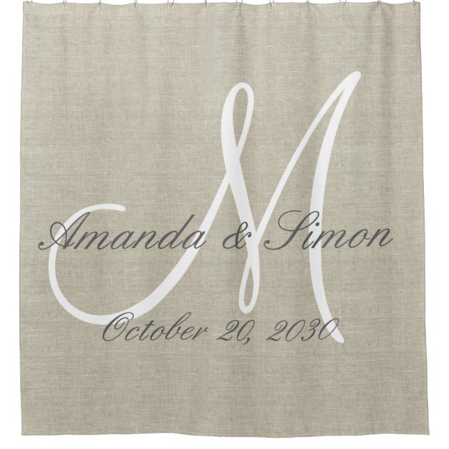 Rideaux De Douche Mariage Rustic Linen Look et White Monogramme (Devant)