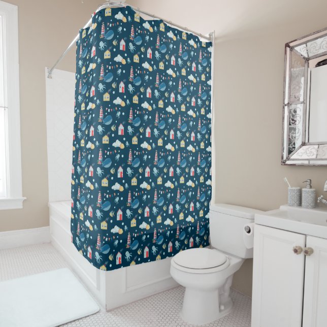 Rideaux De Douche Marine Baleine bleue Nautique (En situation)