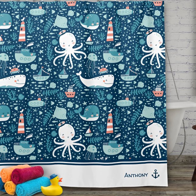 Rideaux De Douche Marine bleu et blanc Motif nautique Garçon Salle d (Créateur téléchargé)