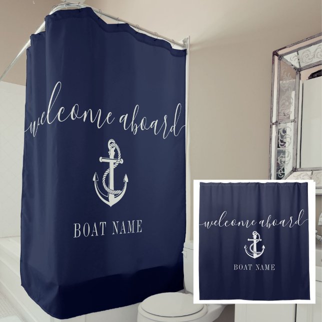 Rideaux De Douche Marine Blue Ancre nautique Nom du bateau Bienvenue (Navy Blue Nautical Anchor Boat Name Welcome Aboard Shower Curtain)