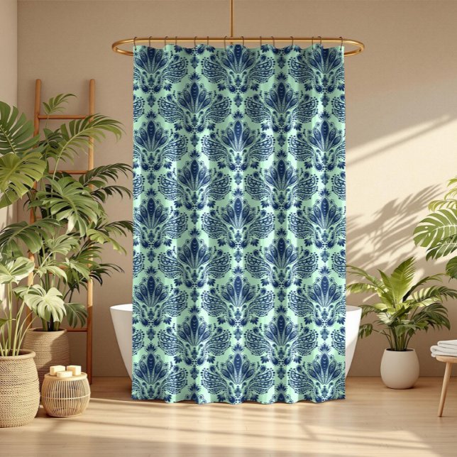 Rideaux De Douche Marine Blue Floral Damas sur l'Arrière - plan vert (Créateur téléchargé)