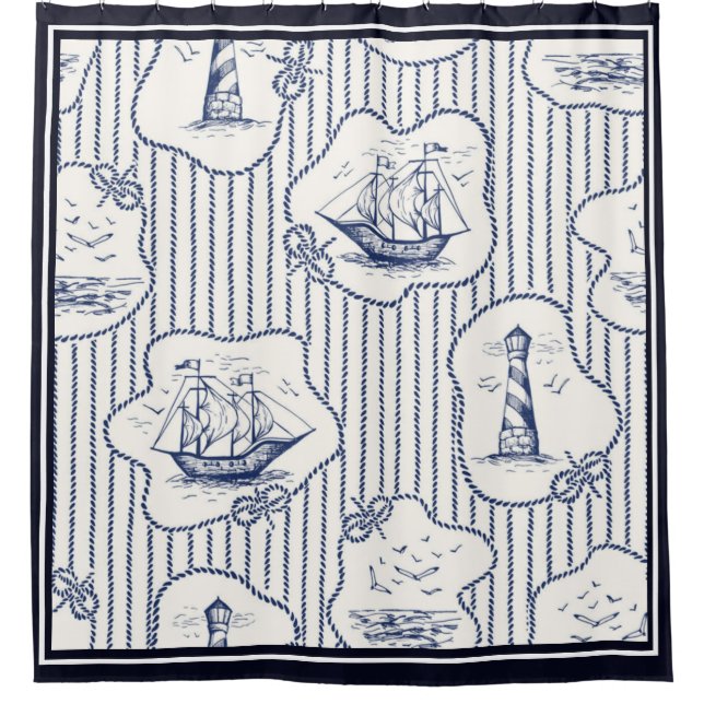 Rideaux De Douche Marine Elements Blue White Lighthouse Ship (Devant)