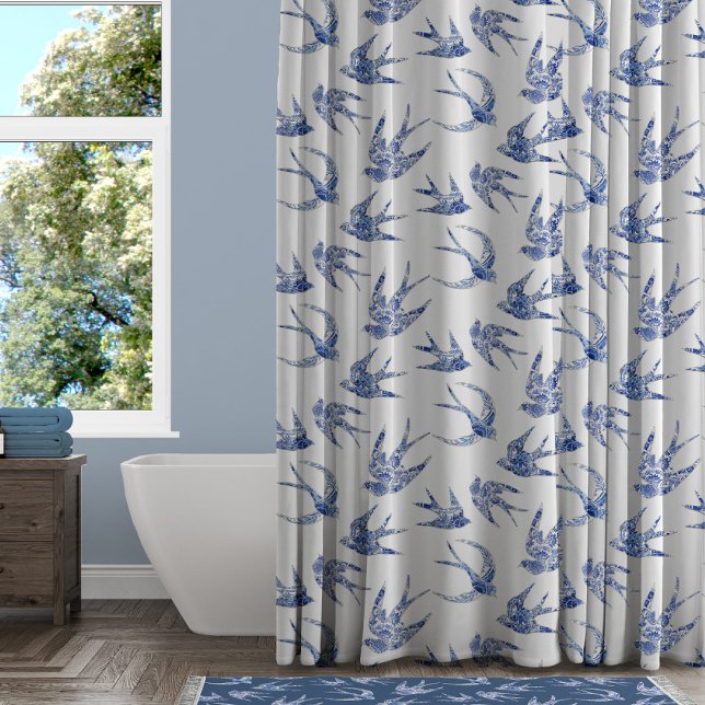 Rideaux De Douche Marine florale de l'hirondelle Blanche Chinoiserie (Créateur téléchargé)