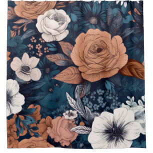 Rideaux De Douche Marine & Taupe Boho Floral Print