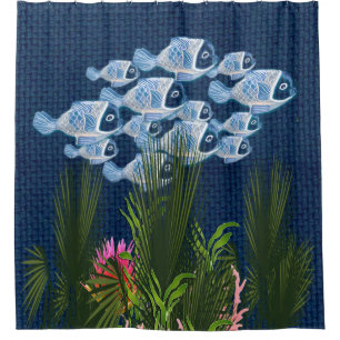 Rideaux De Douche Marine Texté, Poisson, Corail Rose