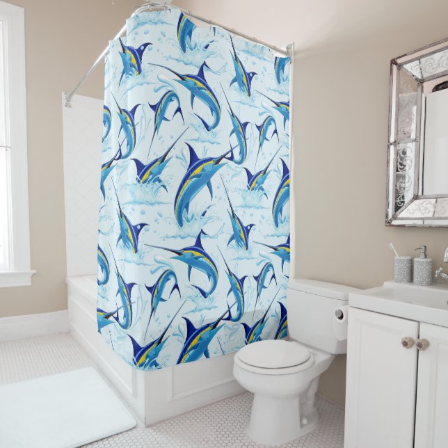 Rideaux De Douche Marlin Bleu Jaillissant de l'Océan (En situation)