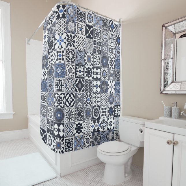 Rideaux De Douche Marocain carrelage noir, bleu, gris (En situation)