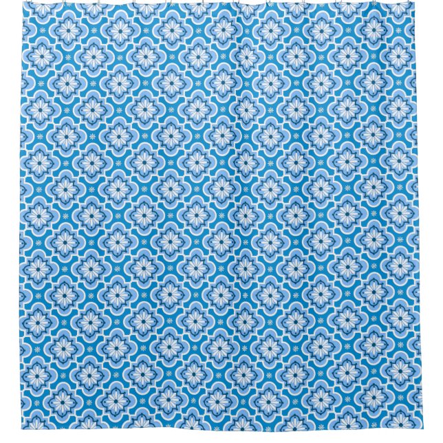 Rideaux De Douche Marocain en tuiles motif - Bleu et Blanc (Devant)