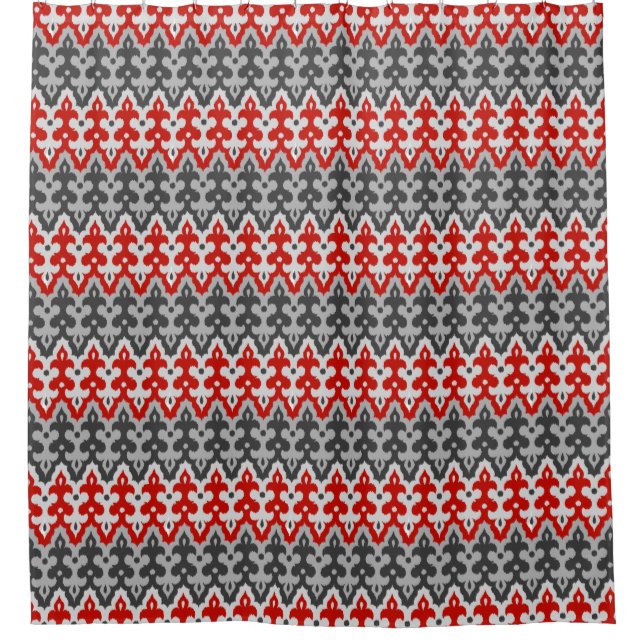 Rideaux De Douche Marocain Ikat Damask, Graphite Grey et Rouge (Devant)