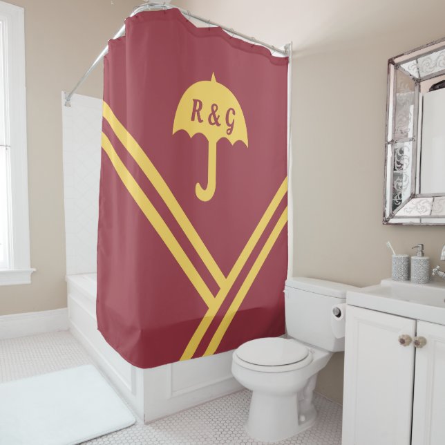 Rideaux De Douche Maroon Gold Stripes Parapluies (En situation)