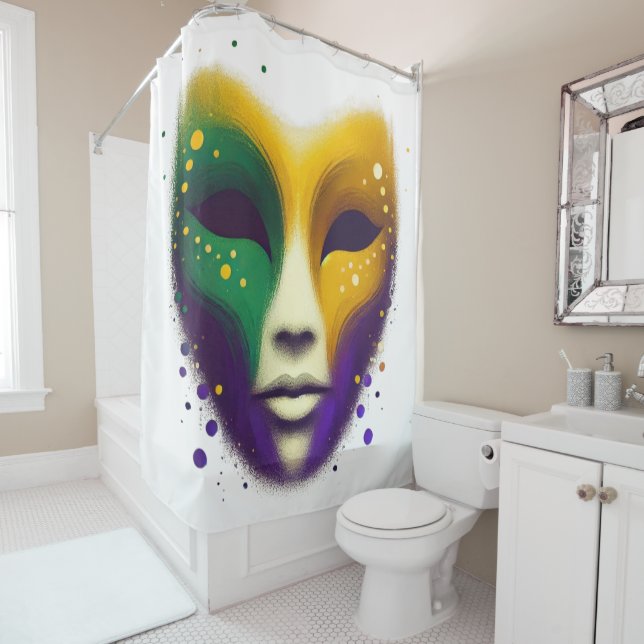 Rideaux De Douche Masque Mardi Gras jaune violet (En situation)