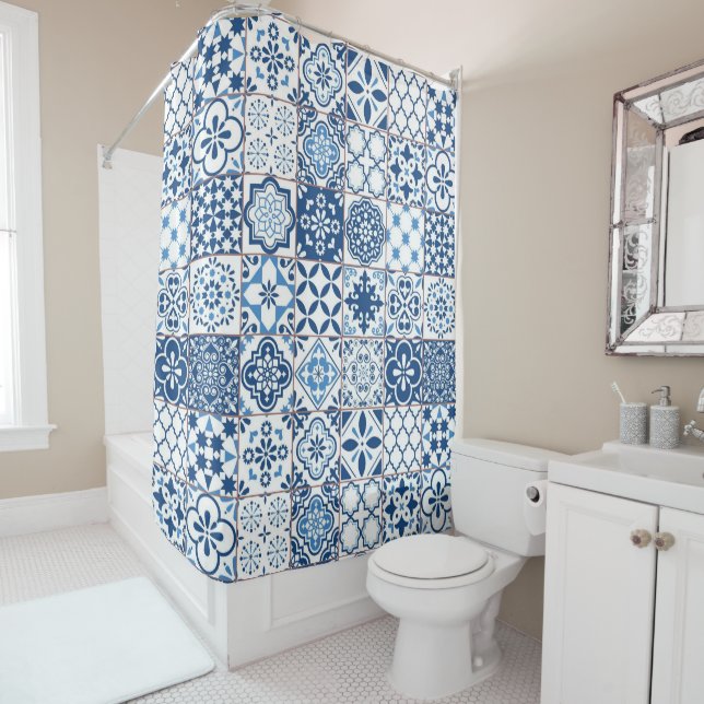 Rideaux De Douche Mediterranean Indigo Blue Azulejo Mosaic Tiles (En situation)