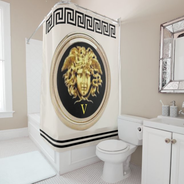 Rideaux De Douche Méduse dorée / Clé grecque beige et noir Victoire (En situation)