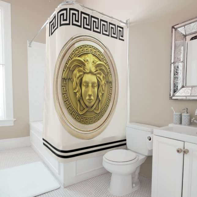 Rideaux De Douche Méduse dorée / Gorgone à clé grecque beige et noir (En situation)