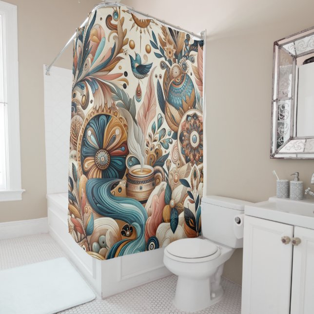 Rideaux De Douche Mélange bohème de fleurs turquoises, magenta, viol (En situation)