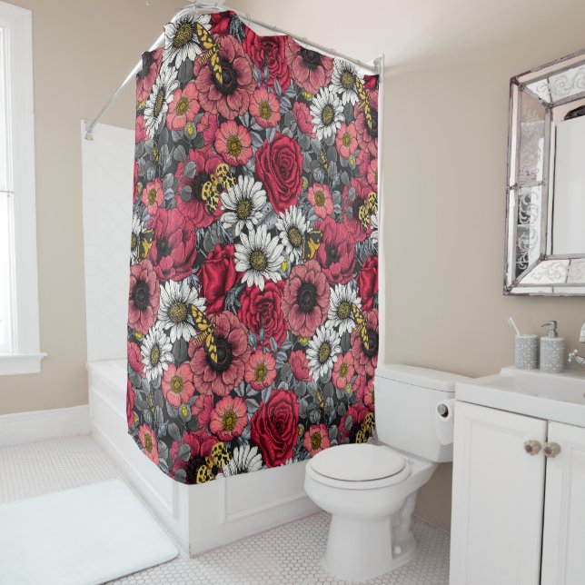 Rideaux De Douche Mélange de fleurs en rouge et gris (En situation)