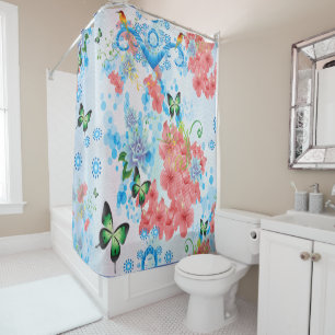 Rideaux De Douche Mélanger abstrait bleu avec fleurs Saumons