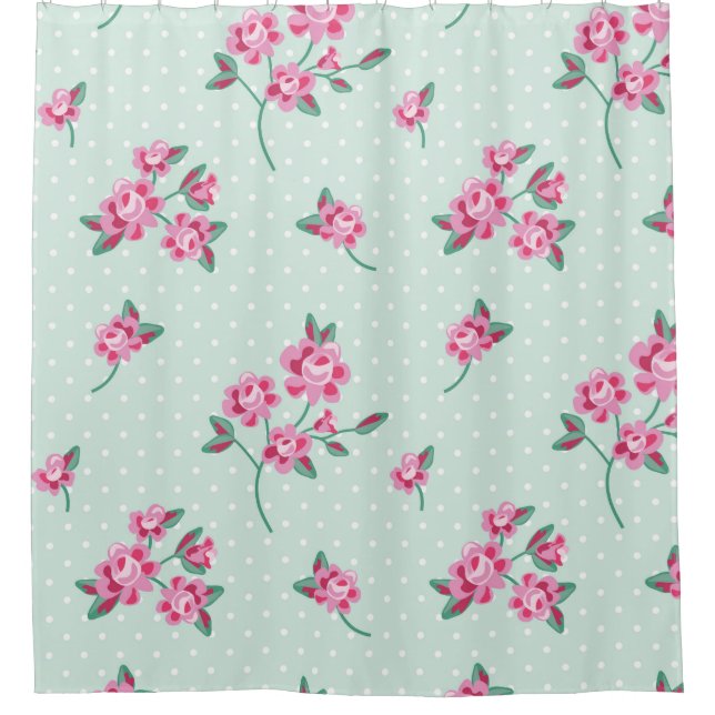 Rideaux De Douche menthe, pois blanc, chic minable, rose floral, (Devant)