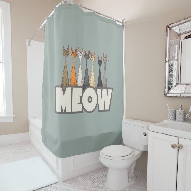 Rideaux De Douche Meow Peeking Cats Funny Sage Green Cat Lover Print (En situation)