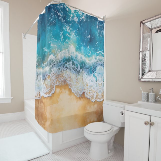 Rideaux De Douche Mer bleue aquarelle abstraite  (En situation)