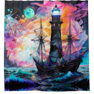 Rideaux De Douche Mer orageuse, phare de bateau Lune Abstrait