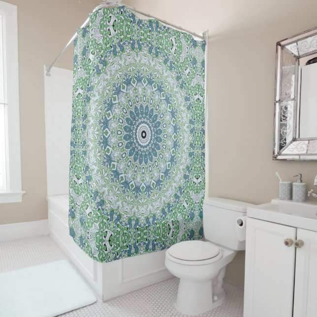 Rideaux De Douche Mer Vert et Bleu Côte Motif Mandala (En situation)