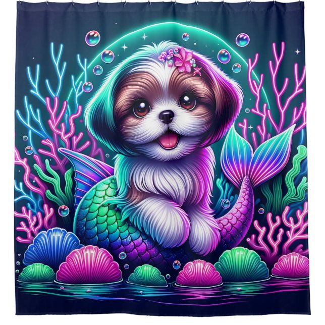 Rideaux De Douche "Mermaid Shih Tzu Puppy - Art Imaginaire Whimsical (Devant)