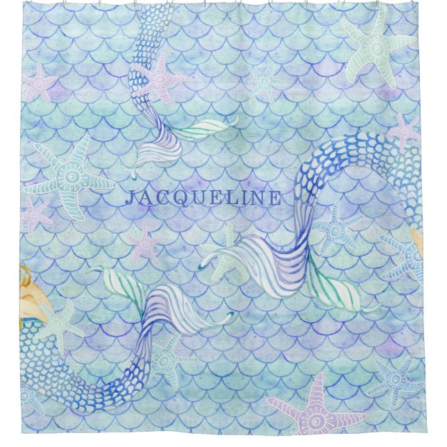 Rideaux De Douche Mermaid Tail Fish Scale Motif Girl Nom de la fille (Devant)