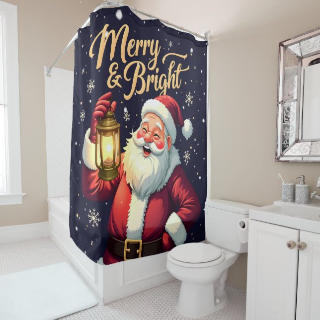 Rideaux De Douche Merry Bright Santa Holding Lantern Illustration (En situation)