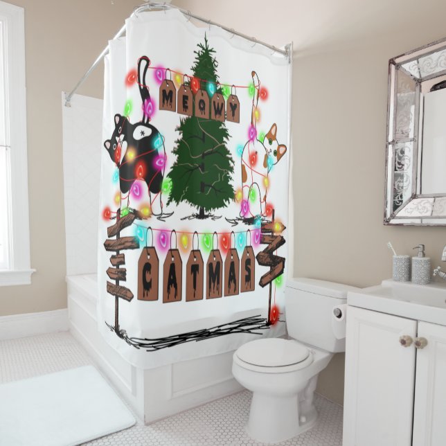 Rideaux De Douche MERRY CATMAS, Beau cadeau de Noël de chat, Chat X- (En situation)