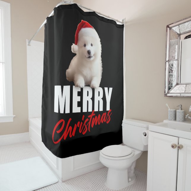 Rideaux De Douche Merry Christmas Cute Samoyed Puppy with Santa Hat  (En situation)