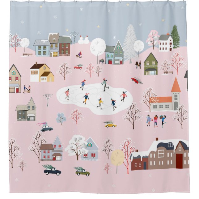 Rideaux De Douche Merveilles d'hiver : mignon motif de village (Devant)