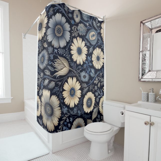 Rideaux De Douche Métamorphose florale polie |Aquarelle Indigo A (En situation)