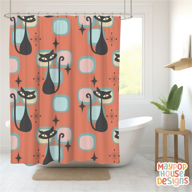 Rideaux De Douche Mi-Siècle Metro Chats Atomique Rose (mid century modern shower curtain bathroom decor)