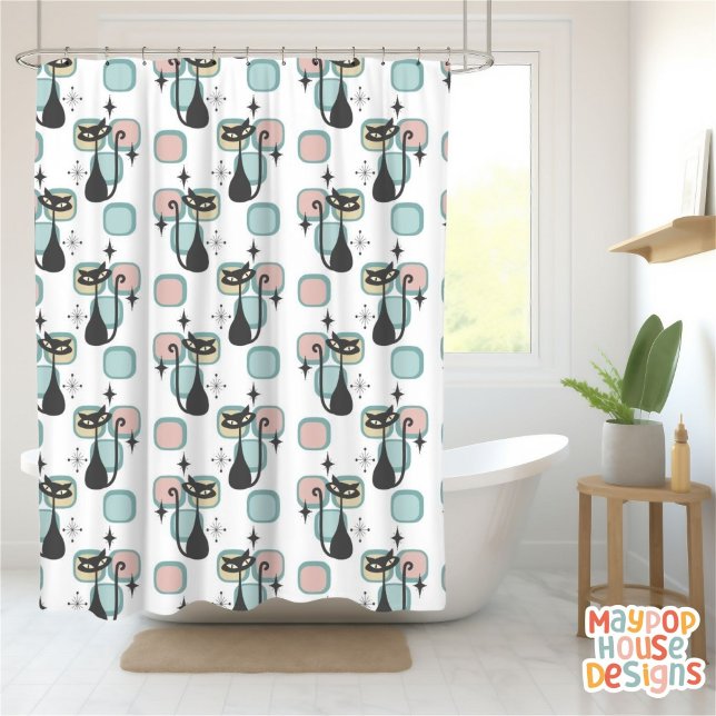 Rideaux De Douche Mi-Siècle Metro Chats Atomique Rose (mid century modern shower curtain bathroom decor)