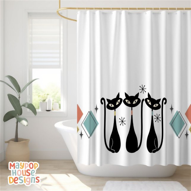 Rideaux De Douche Mi-Siècle Metro Chats Atomique Rose (mid century modern atomic cat shower curtain bathroom decor)