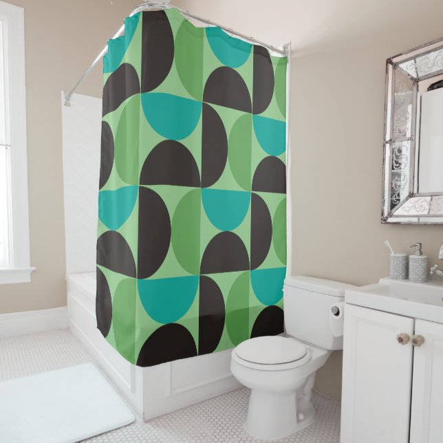 Rideaux De Douche Mi-siècle Moderne Brown vert et turquoise (En situation)