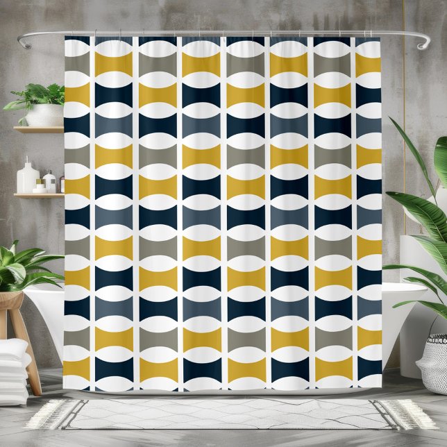 Rideaux De Douche Mi-siècle moderne Motif géométrique Marine Mustard (Mid Century Modern Geometric Pattern Navy Mustard Shower Curtain)