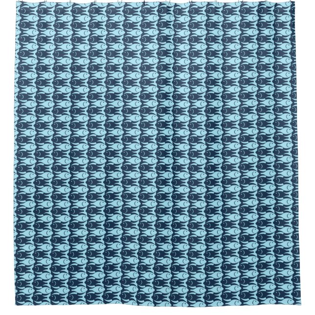 Rideaux De Douche Mi-siècle Poisson moderne, marine et bleu clair (Devant)