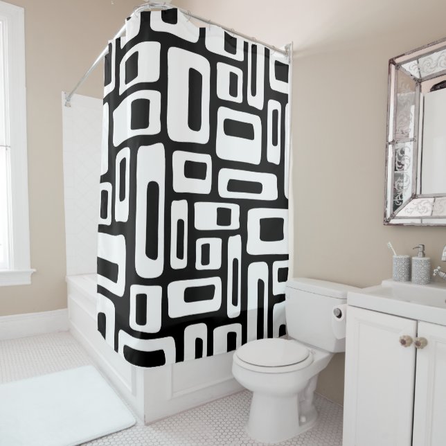 Rideaux De Douche Mid-Century Abstrait Black & White Motif (En situation)