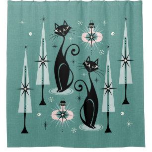 Rideaux De Douche Mid Century Atomic Kitty Noël ©studioxtine