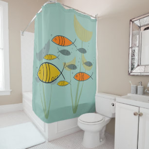 Rideaux De Douche Mid Century Moderne Rétro Poisson Nage sur Aqua