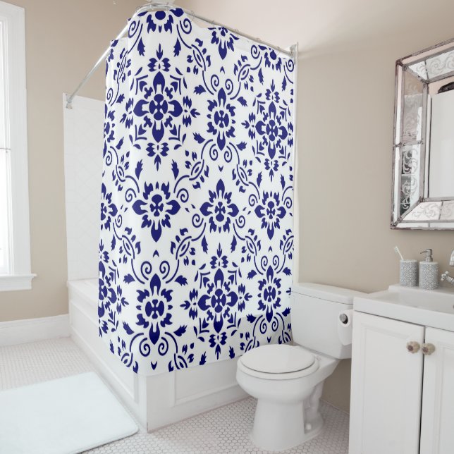 Rideaux De Douche Midnight Bloom Classic Blue Floral Mosaic (En situation)
