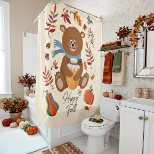 Rideaux De Douche Mignon bébé ours d'automne avec du miel et texte p