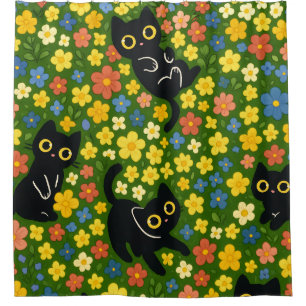 Rideaux De Douche Mignons Chats Noirs Motif Floral de Prairie